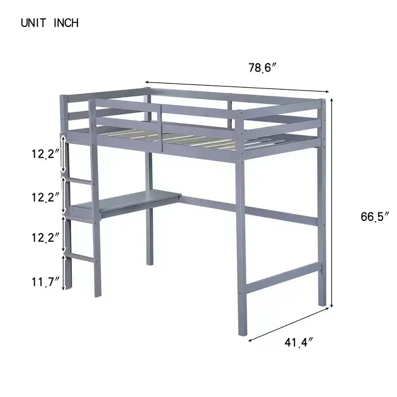 Okak minimalistisch hoogslaper met ladder, hoogslaper van rubberhout voor één persoon met veiligheidsreling en ingebouwd bureau, bedframes voor kinderen en tieners