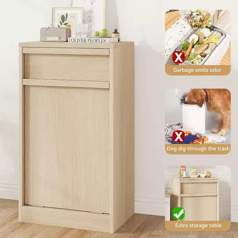 Pattumiera ribaltabile in rovere naturale, con vano contenitore e cassetto, mobile copripattumiera, cesto portabiancheria per cucina, sala da pranzo e soggiorno
