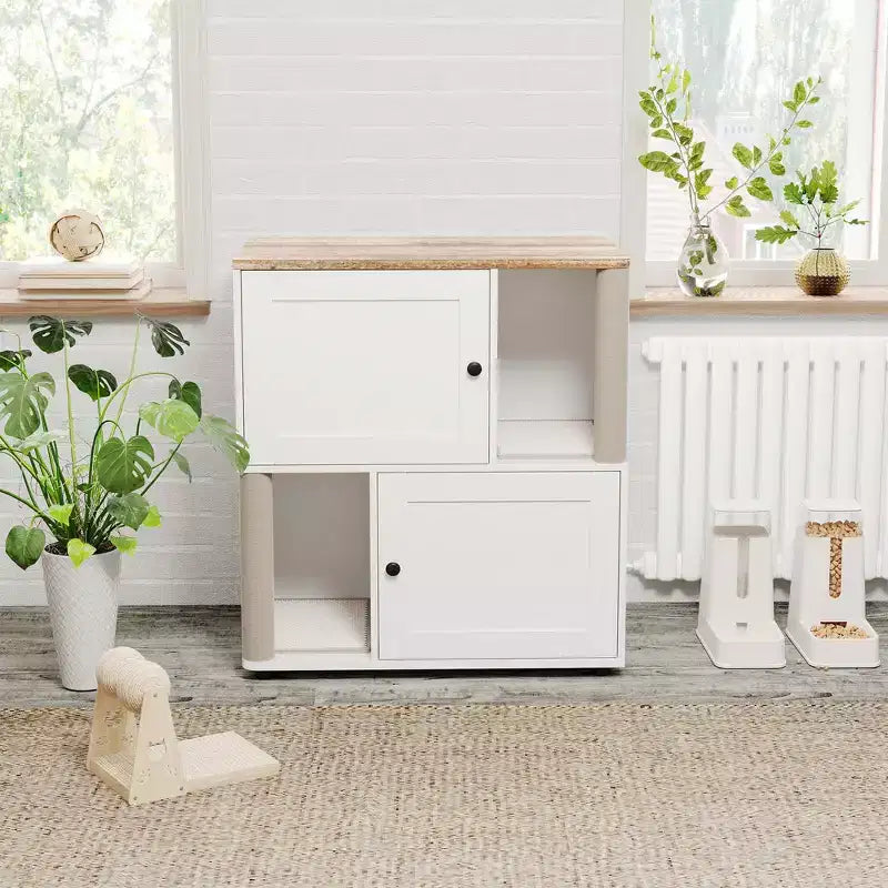 Katzentoiletten-Schrank mit zwei Bereichen, verstecktes geschlossenes Möbelstück für Katzentoiletten mit Kratzsäulen und doppellagigen Katzenstreumatten, Haustierhaus für den Innenbereich