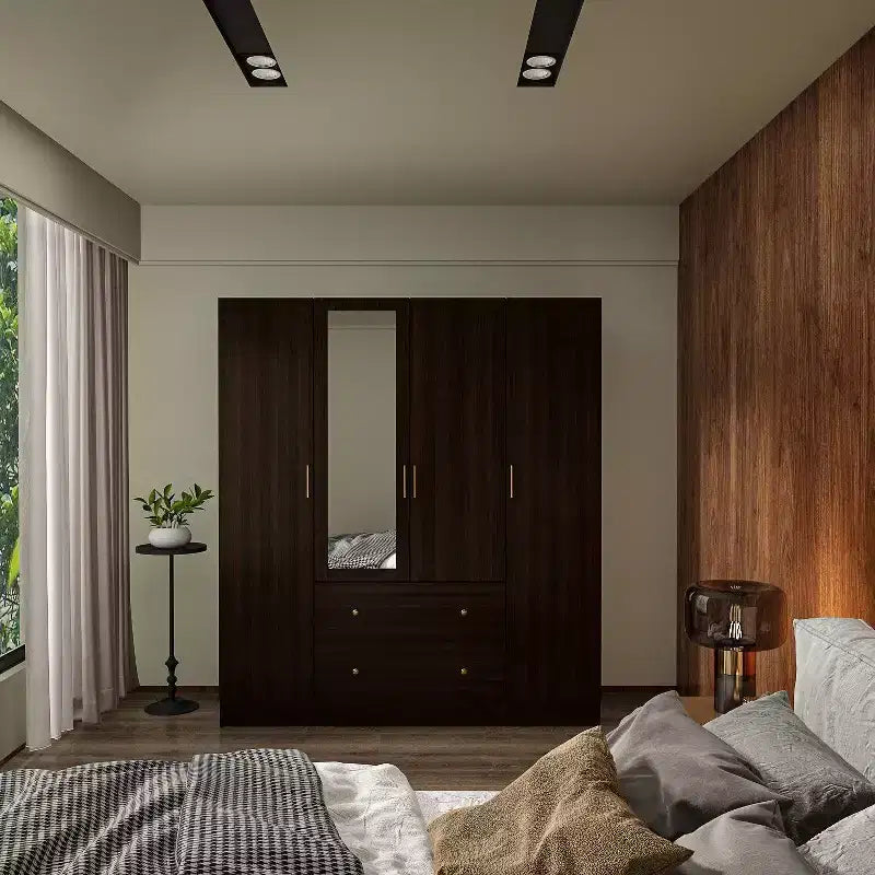 Armoire Hitow avec 2 grands tiroirs, espace central pour suspendre les vêtements et miroir, style minimaliste