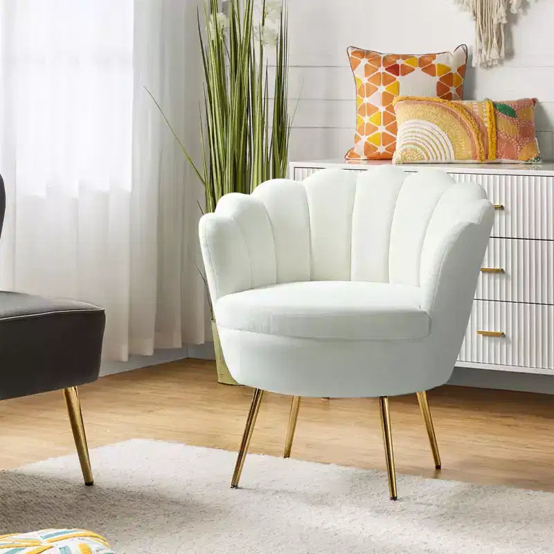 Fauteuil tonneau confortable avec pieds en métal doré, fauteuil d’appoint pour le salon