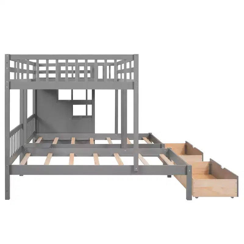 Lit superposé Whisen avec lit double au-dessus de deux lits simples, en bois, avec tiroirs et barrières de sécurité