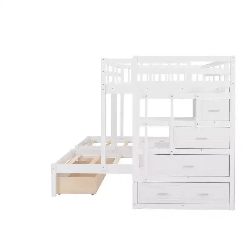 Lit superposé Whisen avec lit double au-dessus de deux lits simples, en bois, avec tiroirs et barrières de sécurité
