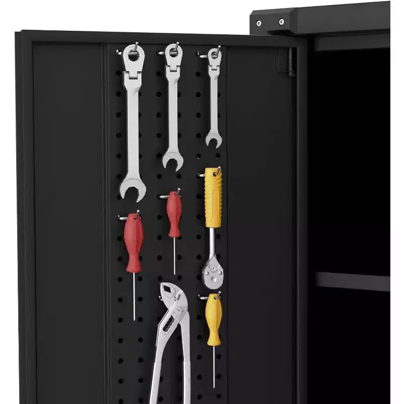 Armoire de rangement pour garage avec roulettes et panneau perforé, armoire métallique verrouillable de 72 H avec 2 portes et 4 étagères réglables pour atelier de garage