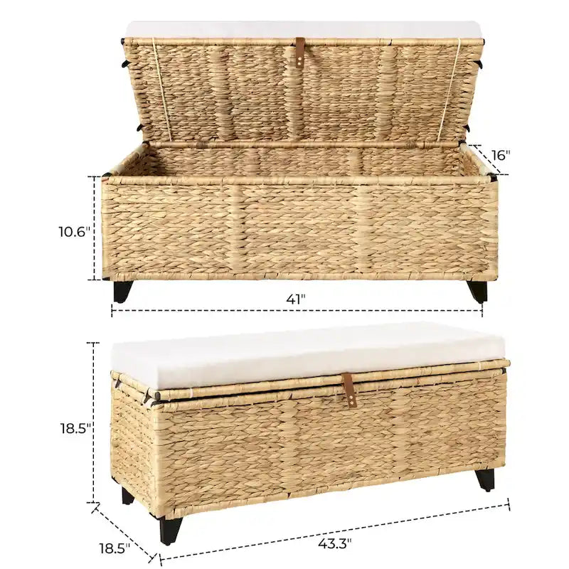 Banc de rangement en osier avec coussin pour chambre, salon ou véranda - 18.5 H X 43.3 W X 18.5 P