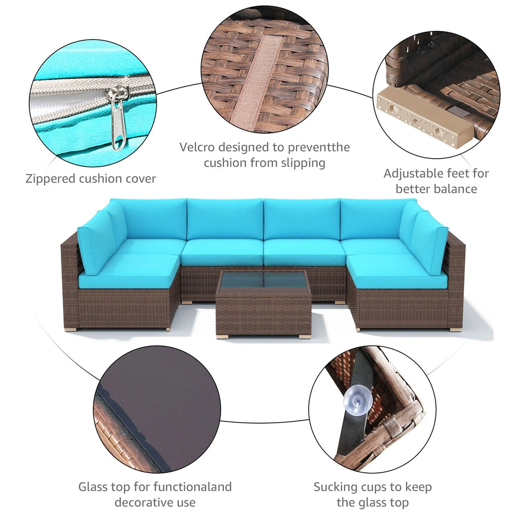 7-teiliges Outdoor-Ecksofaset aus Rattan und Stahl mit Kissen