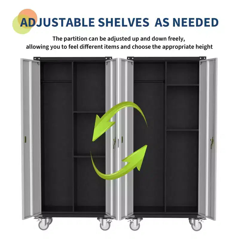 Armoire de rangement pour garage avec roulettes et panneau perforé, armoire métallique verrouillable de 72 H avec 2 portes et 4 étagères réglables pour atelier de garage