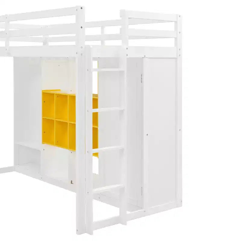 Kinder-Hochbett mit Kleiderschrank und Regalen, Holz-Hochbettrahmen mit Stauraumschrank für Kinder und Jugendliche
