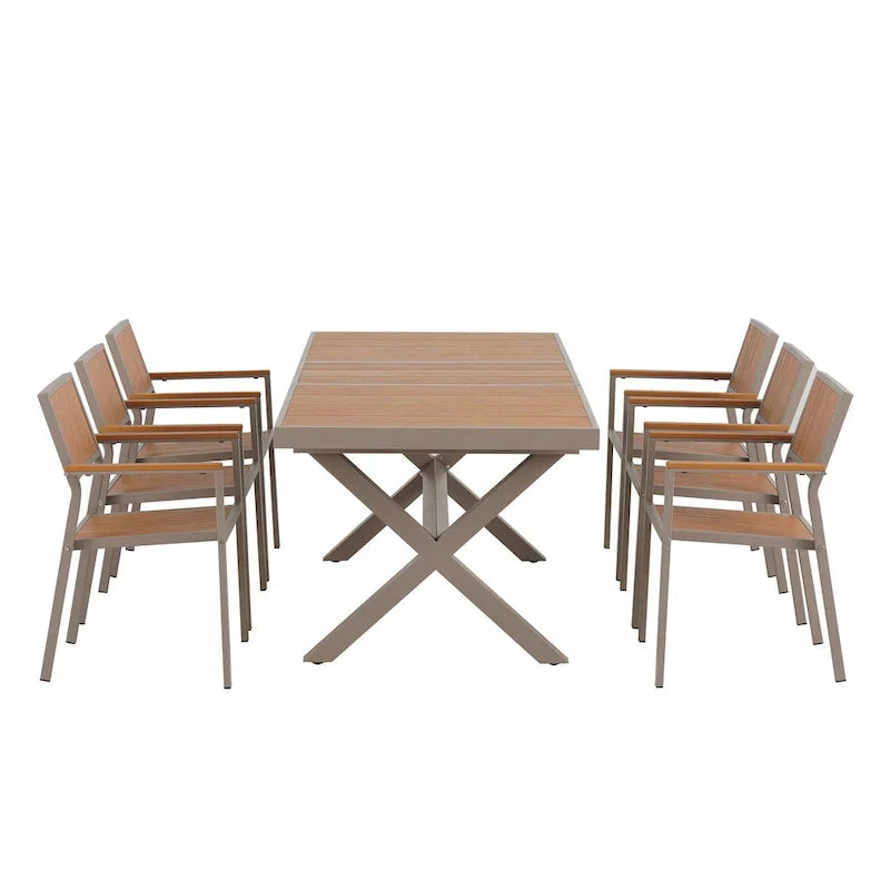 7-teiliges ausziehbares Outdoor-Essset mit ausziehbarem Tisch und 6 Armlehnstühlen