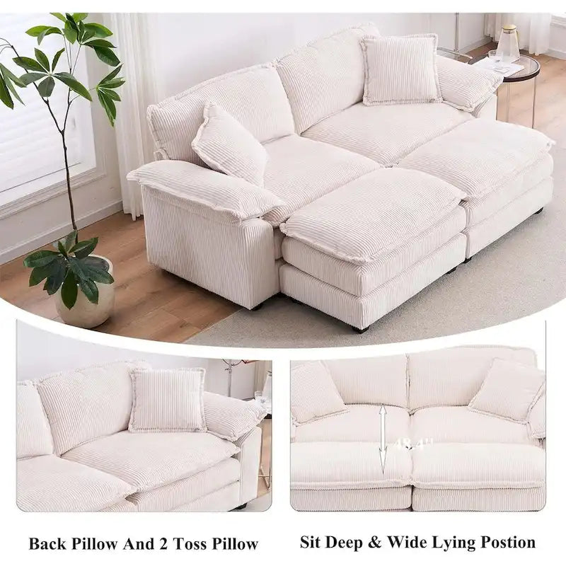 Modernes 2-Sitzer-Cordsofa mit 4 Stützkissen und 2 Hockern