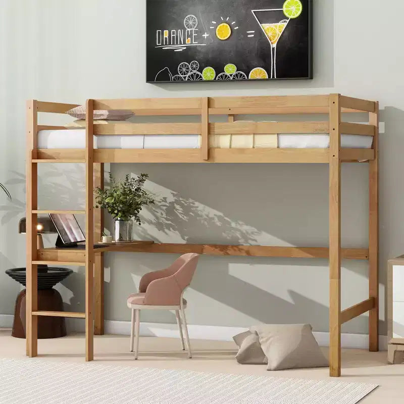 Okak minimalistisch hoogslaper met ladder, hoogslaper van rubberhout voor één persoon met veiligheidsreling en ingebouwd bureau, bedframes voor kinderen en tieners