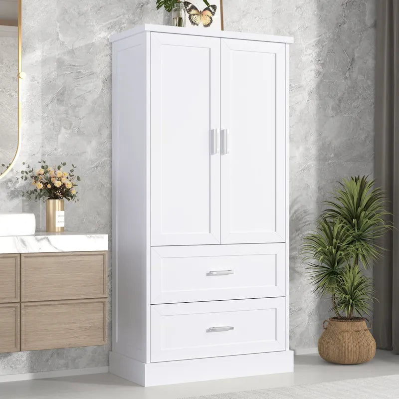Mobiletto alto da bagno, con due ante e cassetti, ripiano regolabile, pannello MDF