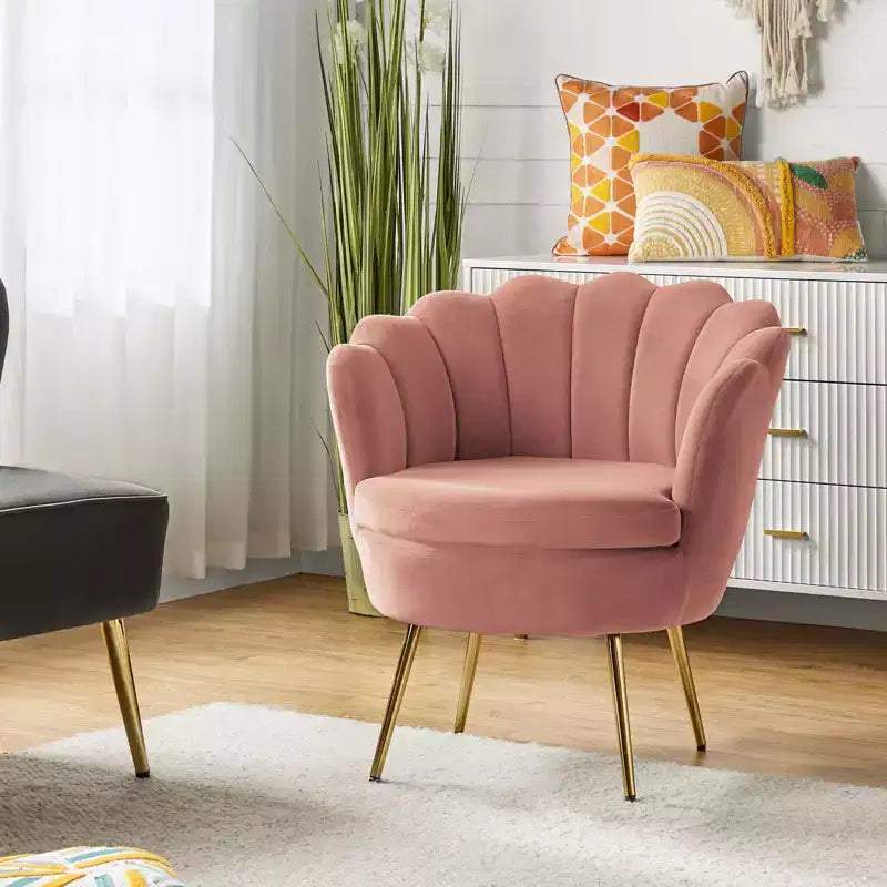 Fauteuil tonneau confortable avec pieds en métal doré, fauteuil d’appoint pour le salon