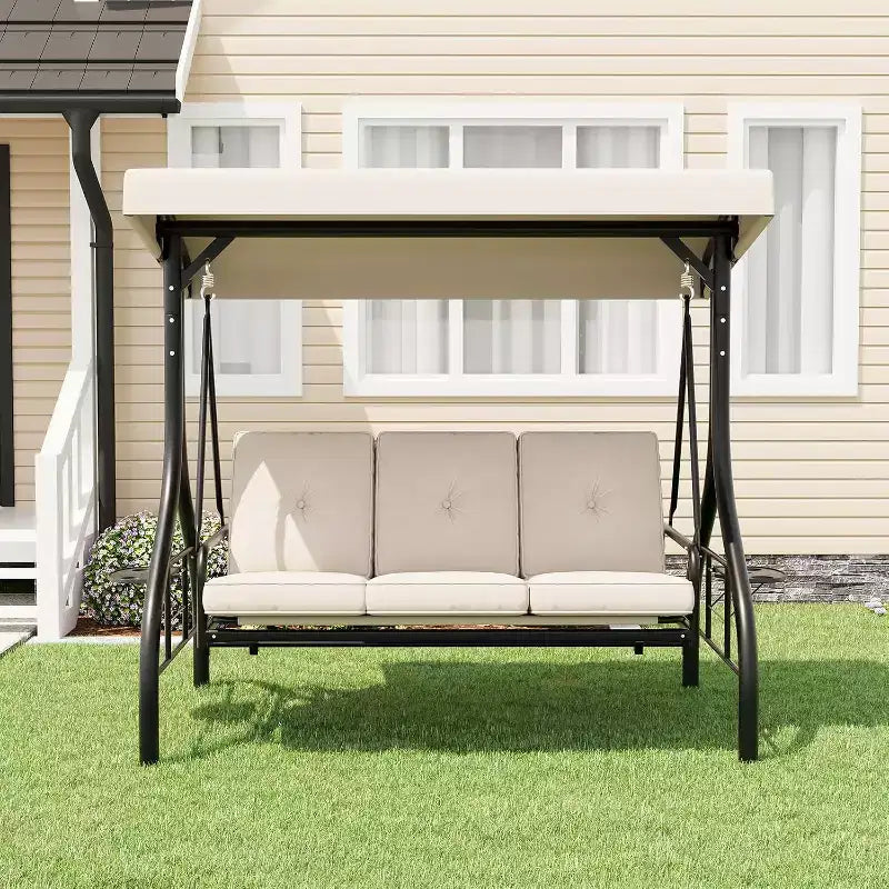 Sedia a dondolo da esterno trasformabile 2 in 1 a 3 posti con tettuccio regolabile, letto a dondolo da patio con struttura, cuscini spessi e portabicchieri, per cortile, giardino e veranda