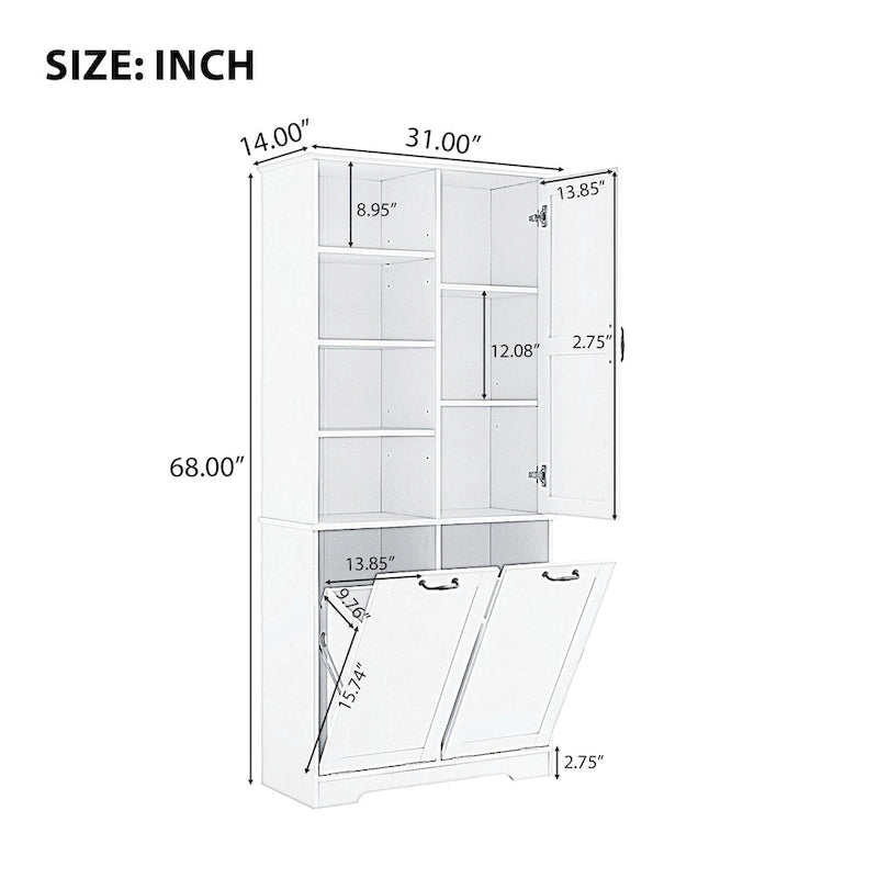 Meuble de rangement de salle de bain avec tiroirs, panier à linge basculant, plusieurs espaces de rangement, étagère ouverte et étagère réglable