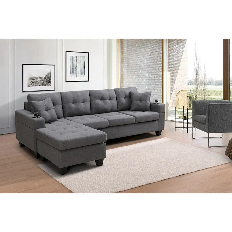 Canapé modulaire pour salon avec méridienne en forme de L et porte-gobelet