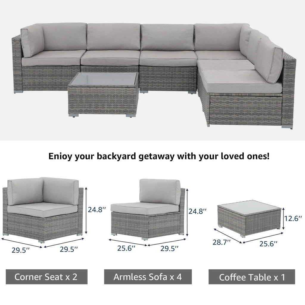 7-teiliges Outdoor-Ecksofaset aus Rattan und Stahl mit Kissen