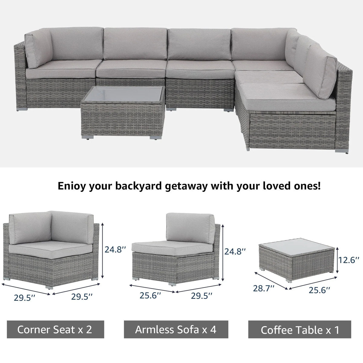 7-teiliges Outdoor-Ecksofaset aus Rattan und Stahl mit Kissen