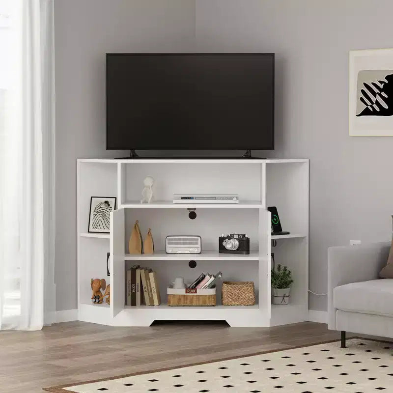Mobile TV angolare per televisori fino a 55, consolle multimediale stile rustico con ante scorrevoli da fienile, ripiani aperti e armadietto contenitore, bianco
