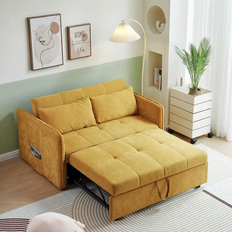 Gele slaapbank van chenille, uittrekbaar - 39.00 x 53.50 x 31.50