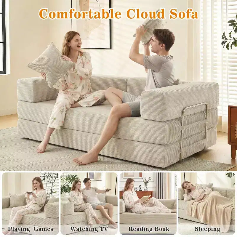 Dyonery canapé-lit pliant 78 en velours côtelé, convertible en lit, format king size, couchage au sol, canapé modulable 4-en-1 à combiner soi-même, confortable et dépliable.