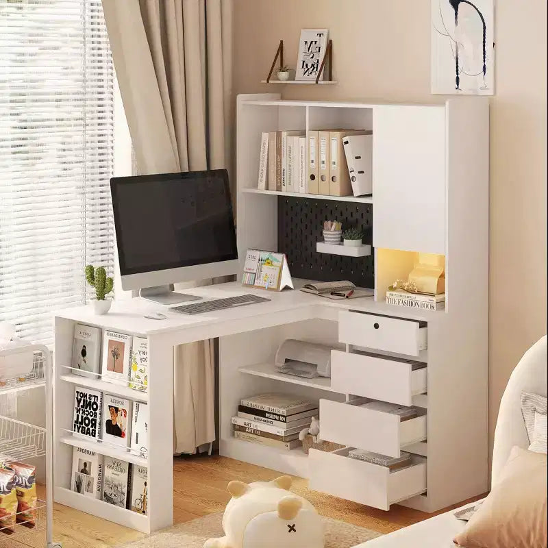 Hoekbureau van 46 inch in L-vorm met boekenplank en lades