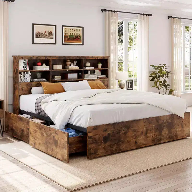 Struttura letto matrimoniale con testiera contenitore, in legno, con 4 cassetti, libreria contenitore e letto matrimoniale king size con robusto supporto in metallo