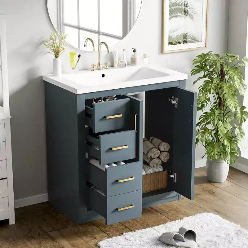 Badkamermeubel van 30 inch met enkele wastafel, kast en 3 laden - zwart / blauw / groen / indigo / wit