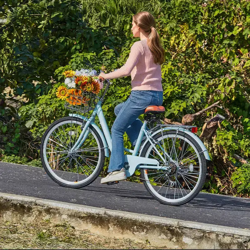 VEVOR Cruiser-Fahrrad, 7 Gänge, 26 Zoll, hellblaues Beach-Cruiser-Fahrrad mit großem Korb und Gepäckträger, sicheres und stabiles Cruiser-Fahrrad, hellblau