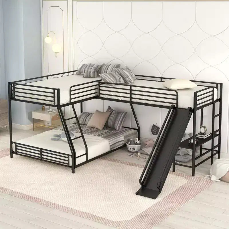 Metall-Etagenbett mit Einzelbett oben und Doppelbett unten, L-förmiges Etagenbett für 3 Kinder, robustes dreistöckiges Etagenbett mit Schreibtisch und Rutsche, Schwarz