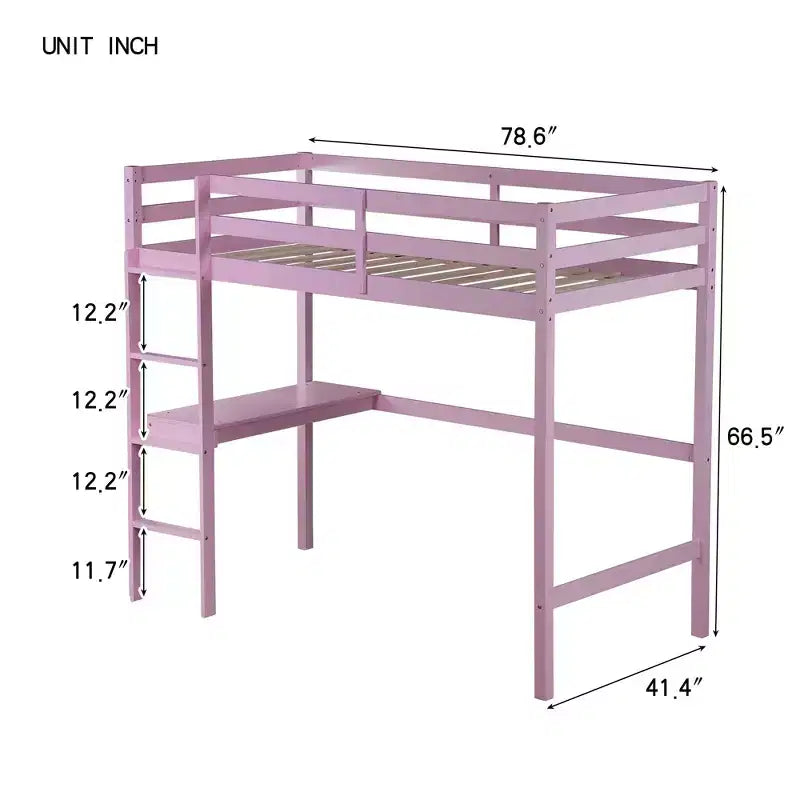 Okak minimalistisch hoogslaper met ladder, hoogslaper van rubberhout voor één persoon met veiligheidsreling en ingebouwd bureau, bedframes voor kinderen en tieners