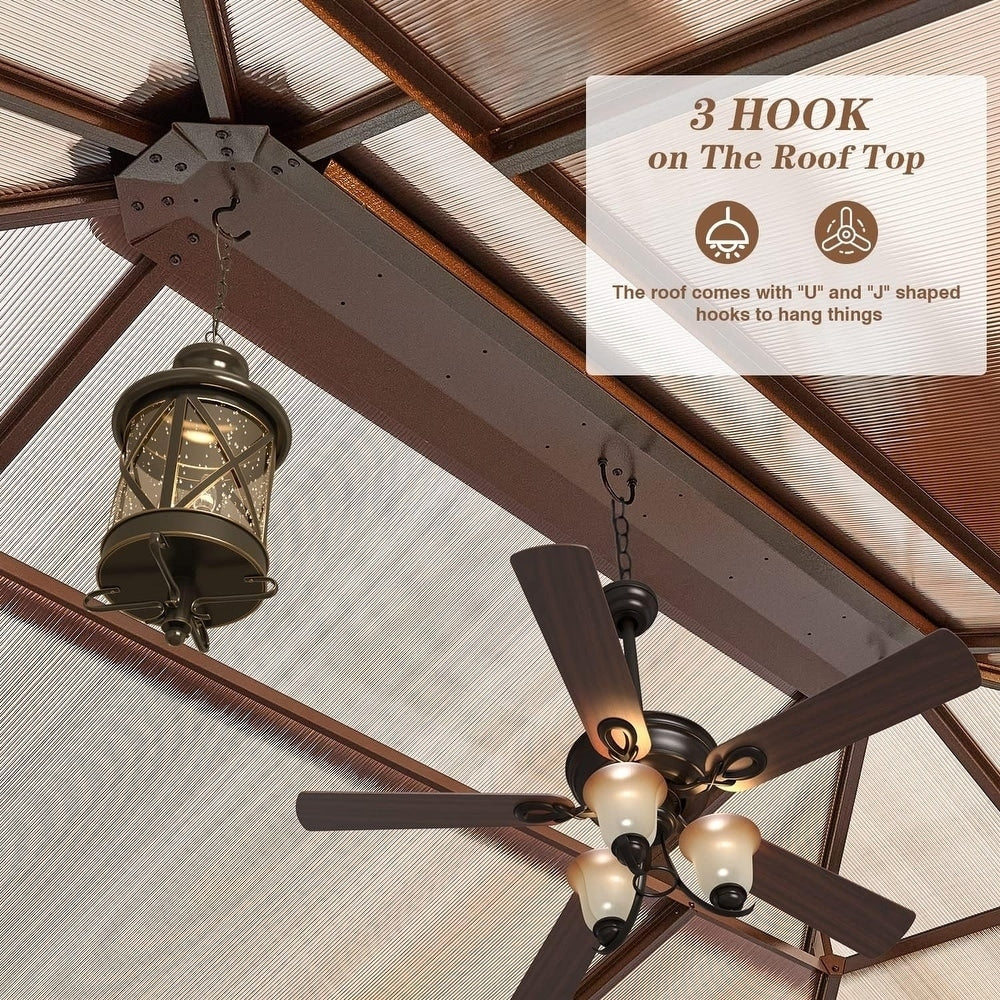 Gazebo EROMMY con tetto rigido, pergola da esterno con doppio tetto, rete e tende, copertura robusta per patio, giardino e feste in piscina