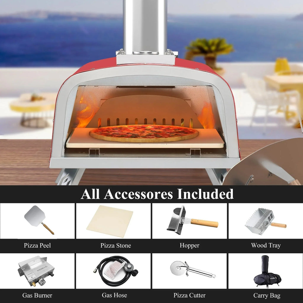 Four à pizza d’extérieur multi-combustible avec brûleur à gaz et compartiment à bois - 12 pouces