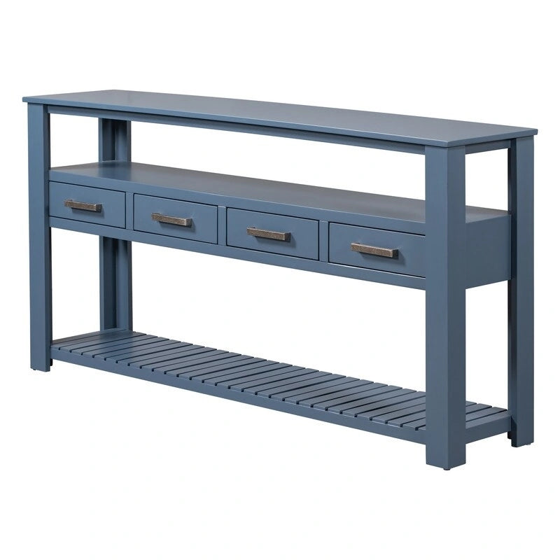 Longue table console pour entrée et canapé avec tiroirs, table console de style rustique en bois avec 4 tiroirs et 2 étagères
