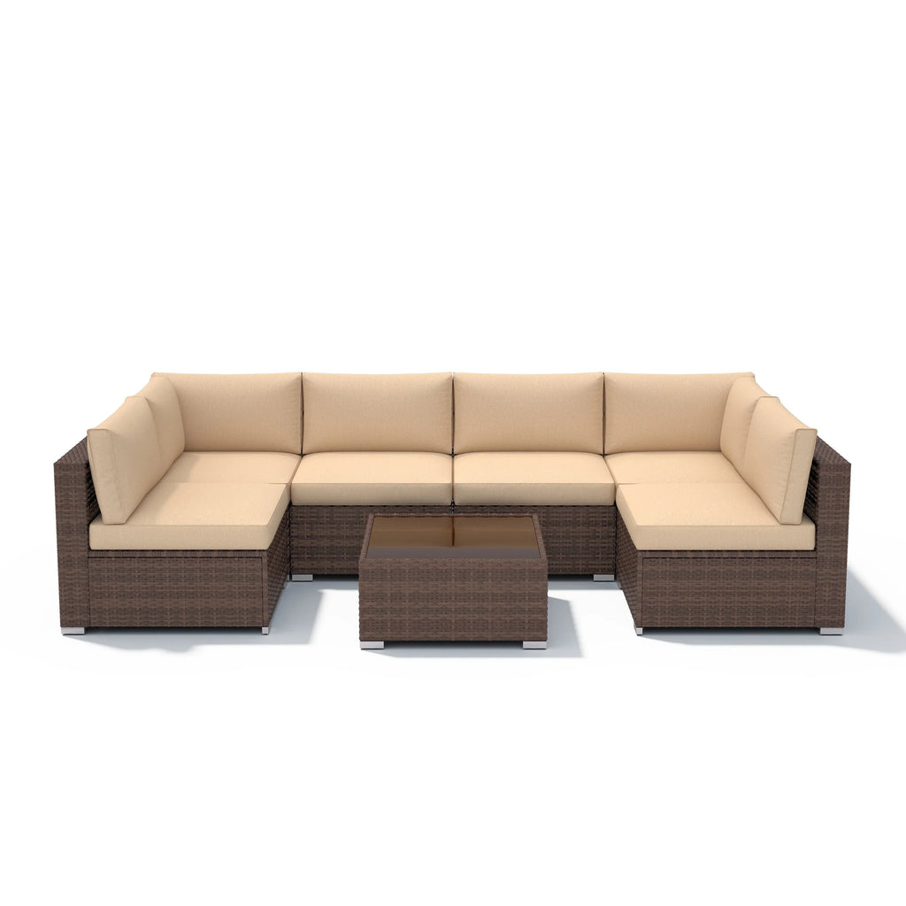 7-teiliges Outdoor-Ecksofaset aus Rattan und Stahl mit Kissen