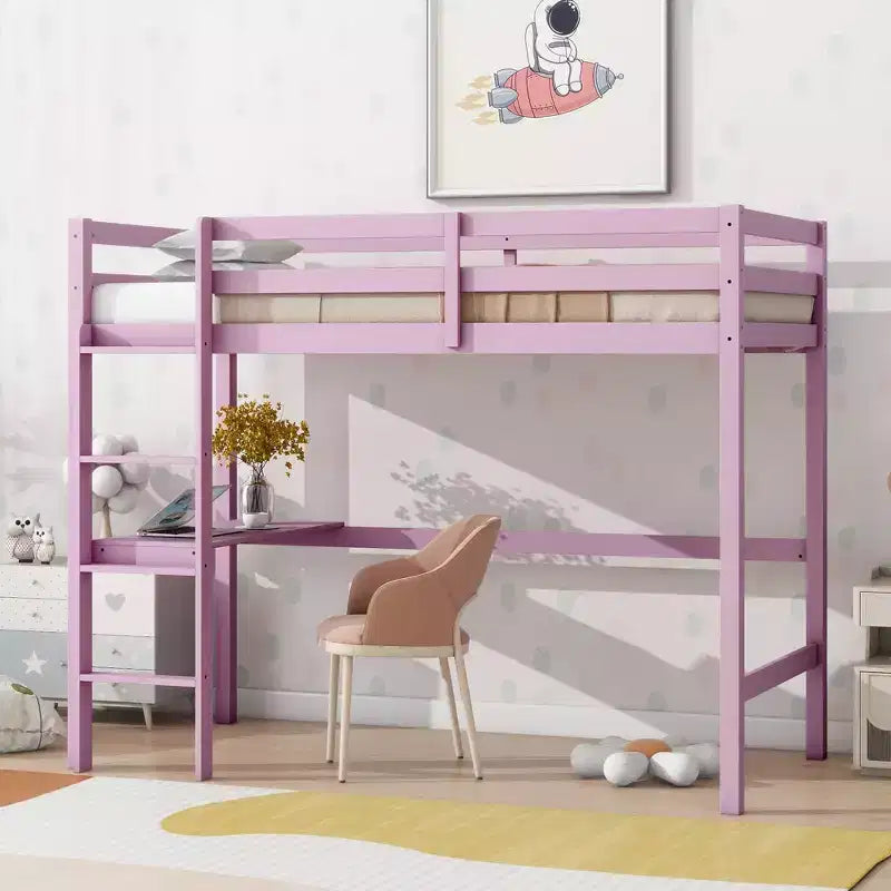 Okak minimalistisch hoogslaper met ladder, hoogslaper van rubberhout voor één persoon met veiligheidsreling en ingebouwd bureau, bedframes voor kinderen en tieners