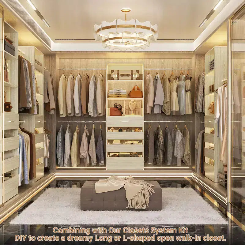 Système d'aménagement de dressing en bois Besiost de 4 à 9 pi avec 4 tiroirs, 4 tringles et des colonnes d'étagères