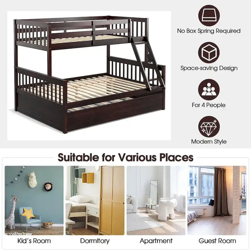 Lit superposé Gymax, couchage haut 1 place et couchage bas 2 places, avec lit gigogne 1 place et plateforme convertible