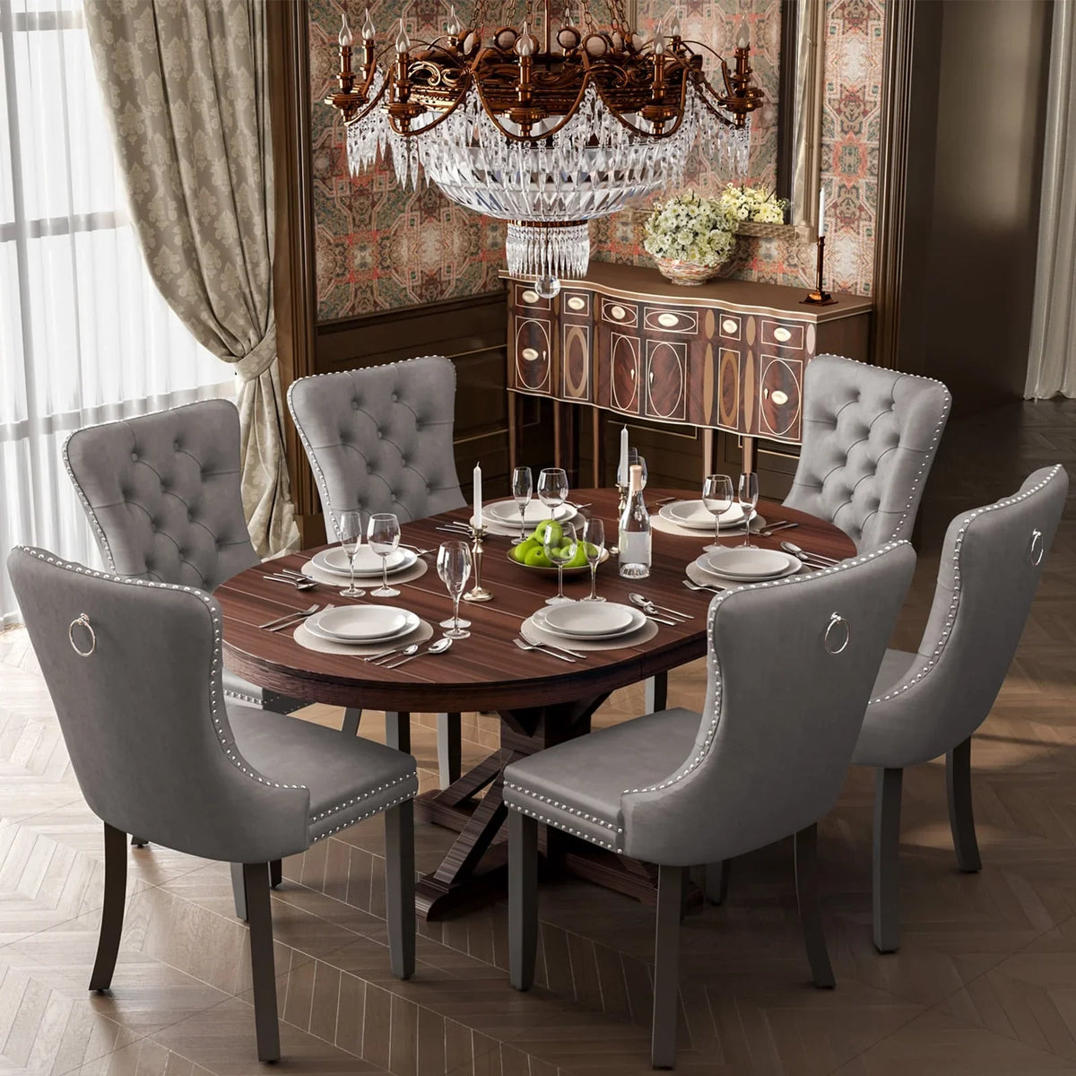 Upholstered Tufted Velvet Dining Chair with Solid Wood Legs Set of 6