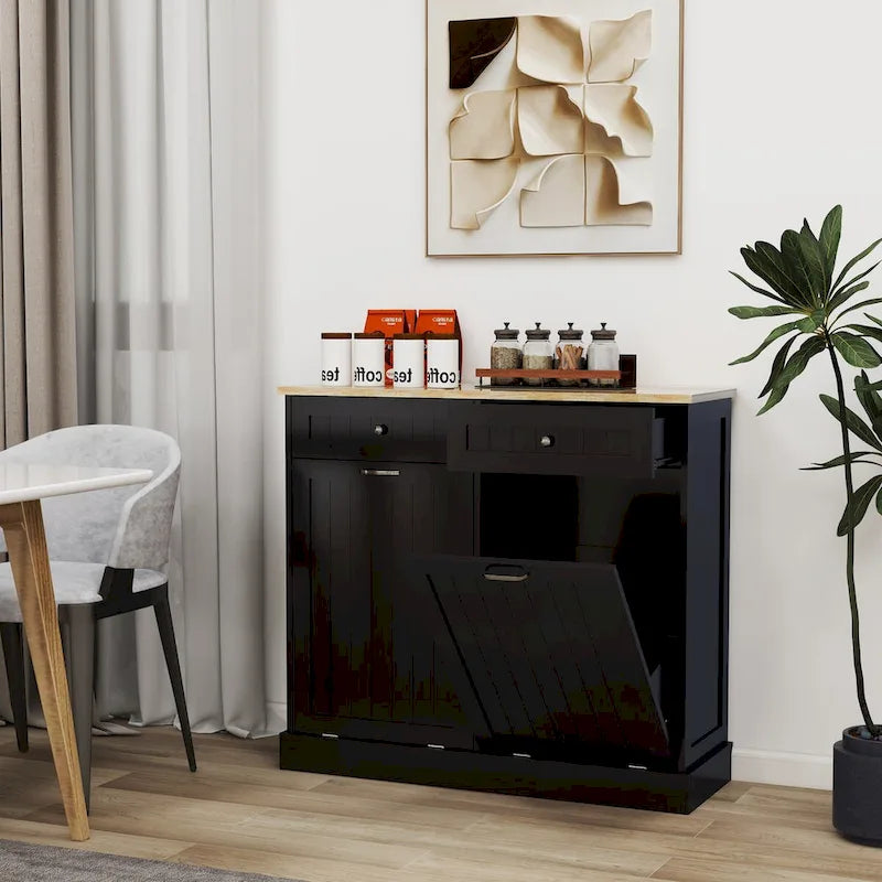 Meuble de cuisine pour poubelle basculante à deux compartiments avec deux tiroirs - noir