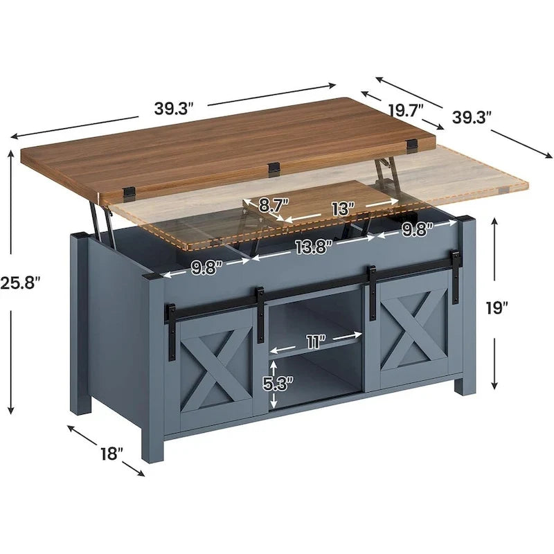 Table basse relevable avec 2 portes coulissantes de style grange, rangement et table à manger