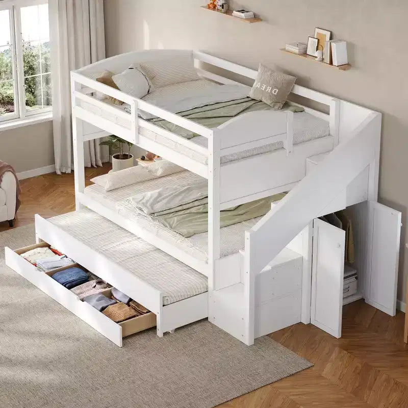 Struttura letto a castello singolo Whisen XL con letto estraibile, letto a castello con contenitore, legno massello, scala contenitore, armadio, 3 cassetti, per bambini