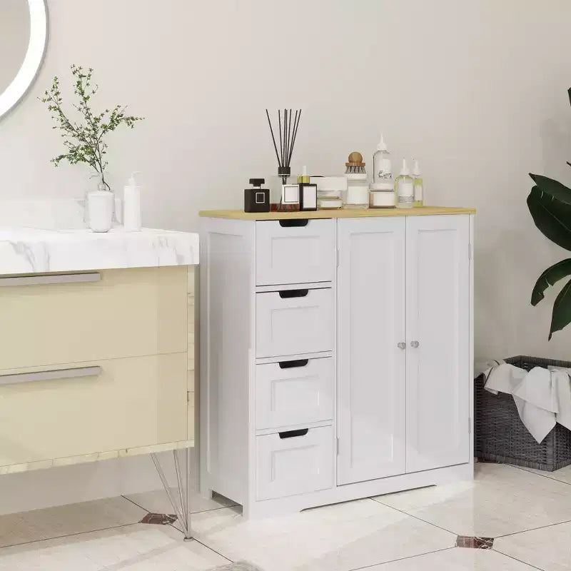 Meuble de salle de bains HOMCOM avec étagère réglable, meuble de rangement autoportant avec 4 tiroirs et 2 portes, blanc