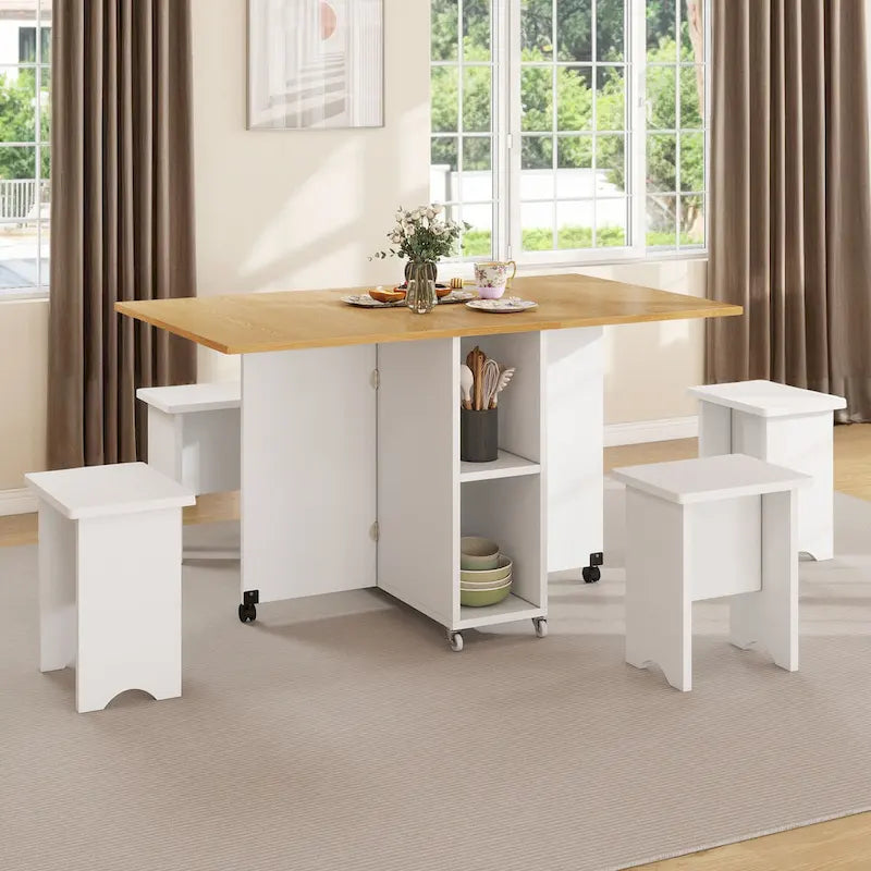Set da pranzo pieghevole Moasis da 5 o 7 pezzi, con tavolo a ribalta e sgabelli contenitore per un massimo di 6 persone