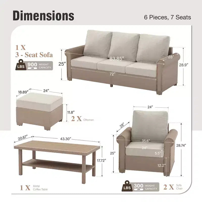 Set di divani da giardino in vimini di lusso Captiva Designs, 6 pezzi, con braccioli curvi e cuscini