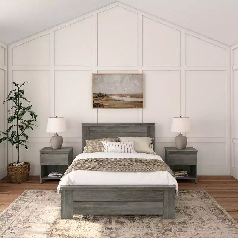 Plank+Beam landelijke bedframe in tweepersoonsformaat met hoofdbord, platformbed van massief hout