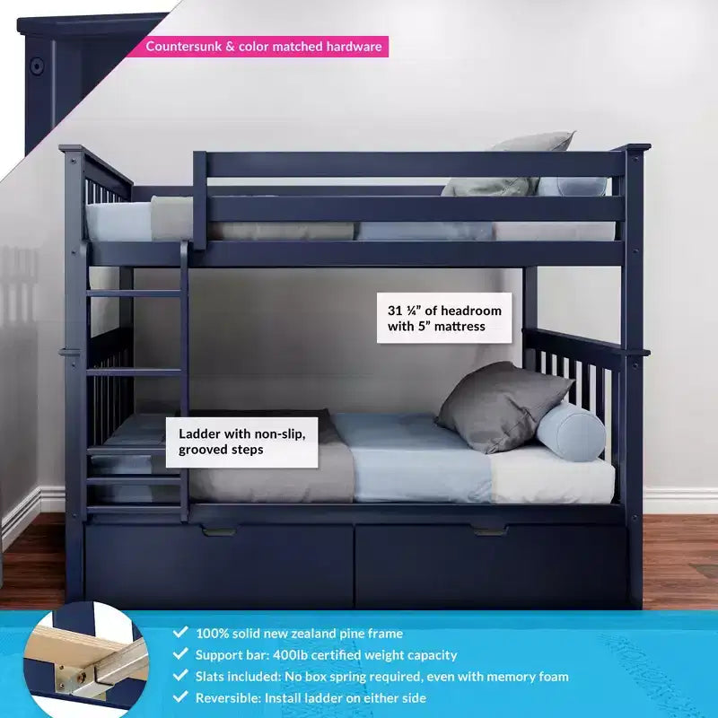 Letto a castello in legno massello per bambini, con due letti singoli sovrapposti e cassetti contenitori sotto il letto