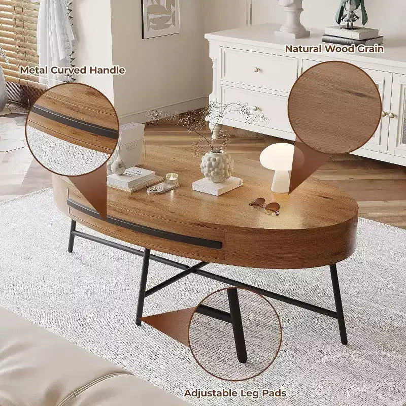 Table basse ovale Acekool avec tiroir, table de rangement en bois de 47.2 avec pieds croisés en métal, table centrale moderne du milieu du siècle en finition saule naturel et doré