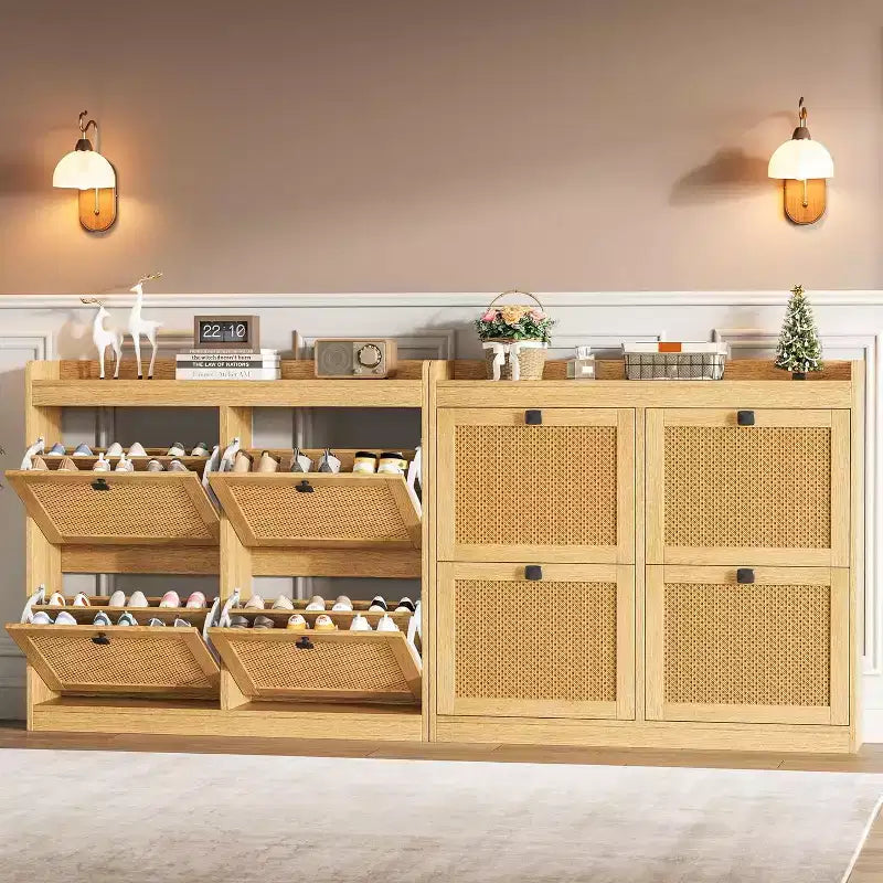 Meuble à chaussures en rotin avec 4 abattants, rangement à chaussures autoportant en bois avec étagères réglables, pour entrée, placard et couloir