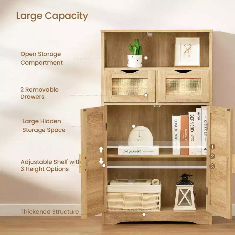 Armoire de rangement en rotin avec 2 tiroirs et étagères réglables pour la cuisine et la maison